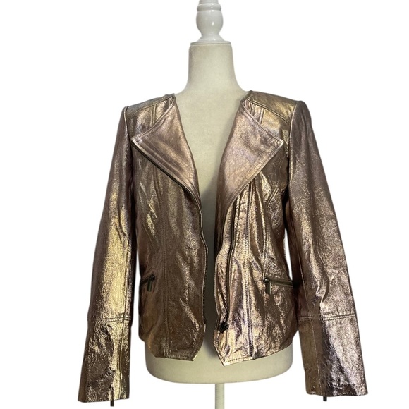 WHBM Metallic Leather Moto Jacket Asymmetric Zip NWT Gold - Picture 4 of 15